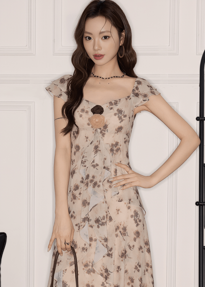 SQUARE NECK FLUTTER SLEEVE FLORAL MIDI DRESS - ANLEM