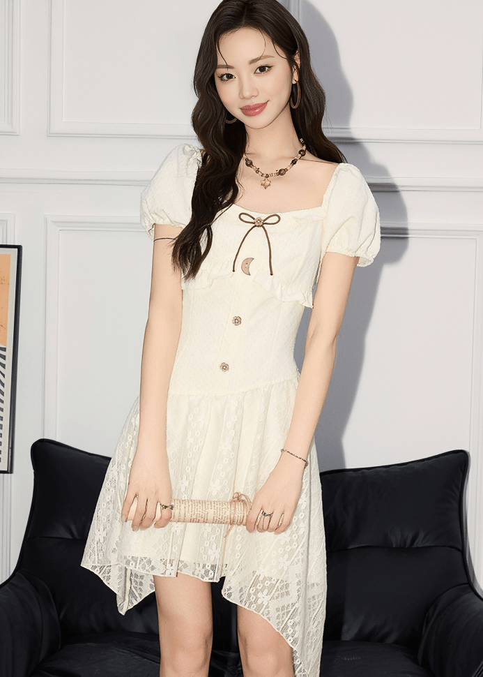 SQUARE NECK PUFF SLEEVE ASYMMETRICAL LACE DRESS - ANLEM