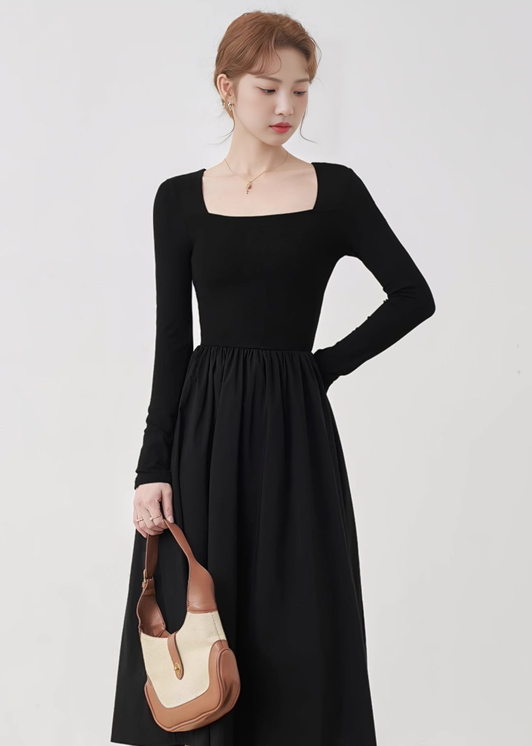 SQUARE NECK THIN KNIT DRESS - ANLEM