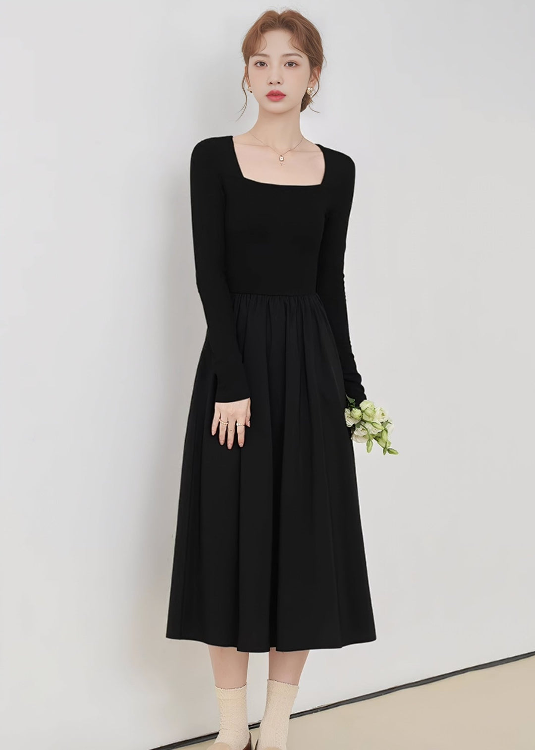 SQUARE NECK THIN KNIT DRESS - ANLEM