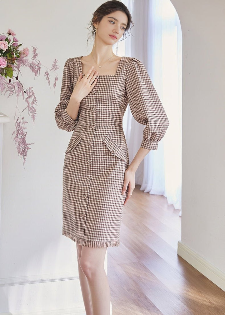 SQUARE PUFF SLEEVE LATTICE DRESS - ANLEM