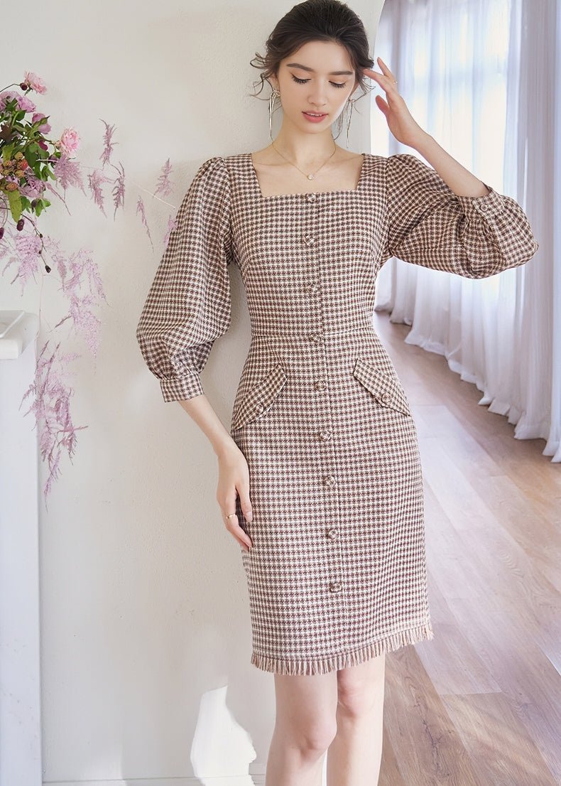 SQUARE PUFF SLEEVE LATTICE DRESS - ANLEM