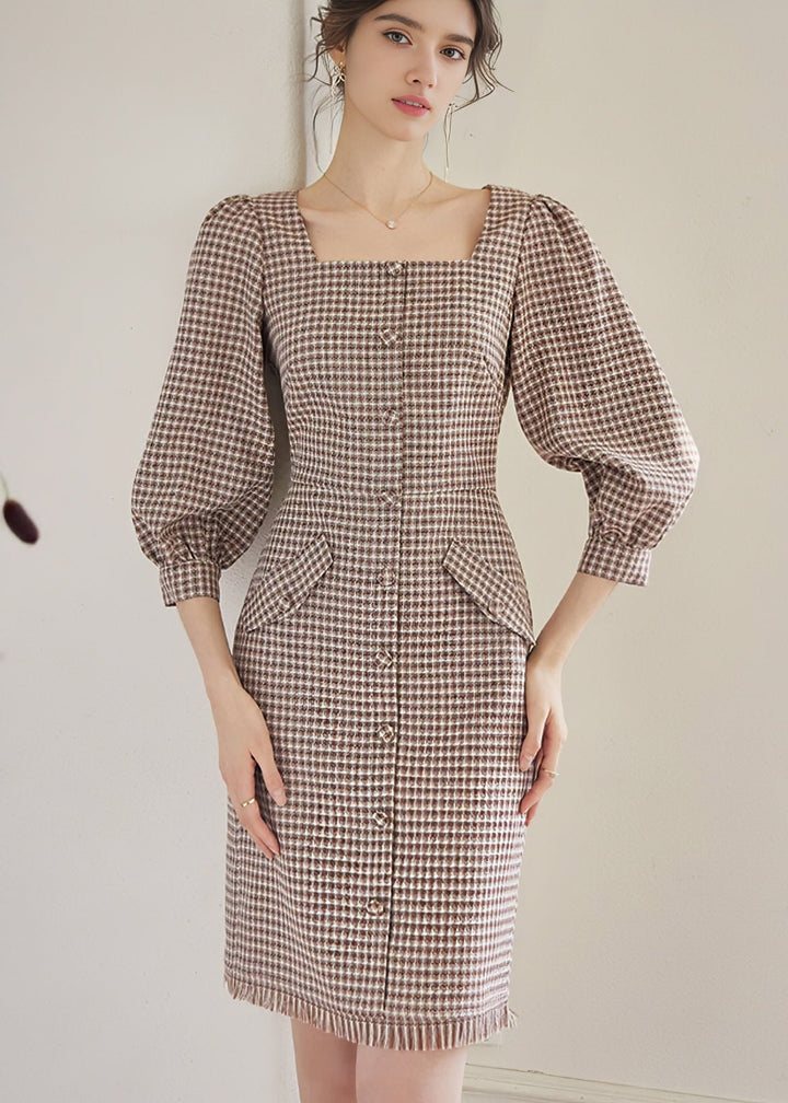 SQUARE PUFF SLEEVE LATTICE DRESS - ANLEM