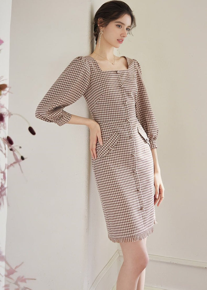 SQUARE PUFF SLEEVE LATTICE DRESS - ANLEM