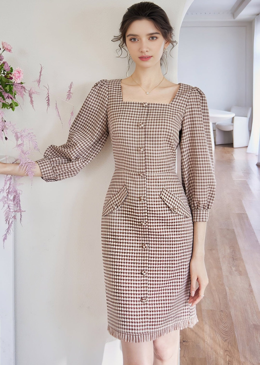 SQUARE PUFF SLEEVE LATTICE DRESS - ANLEM