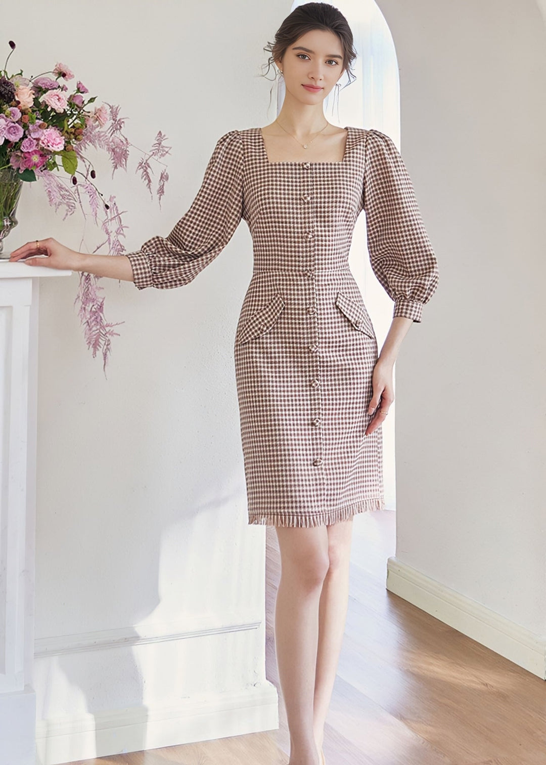 SQUARE PUFF SLEEVE LATTICE DRESS - ANLEM