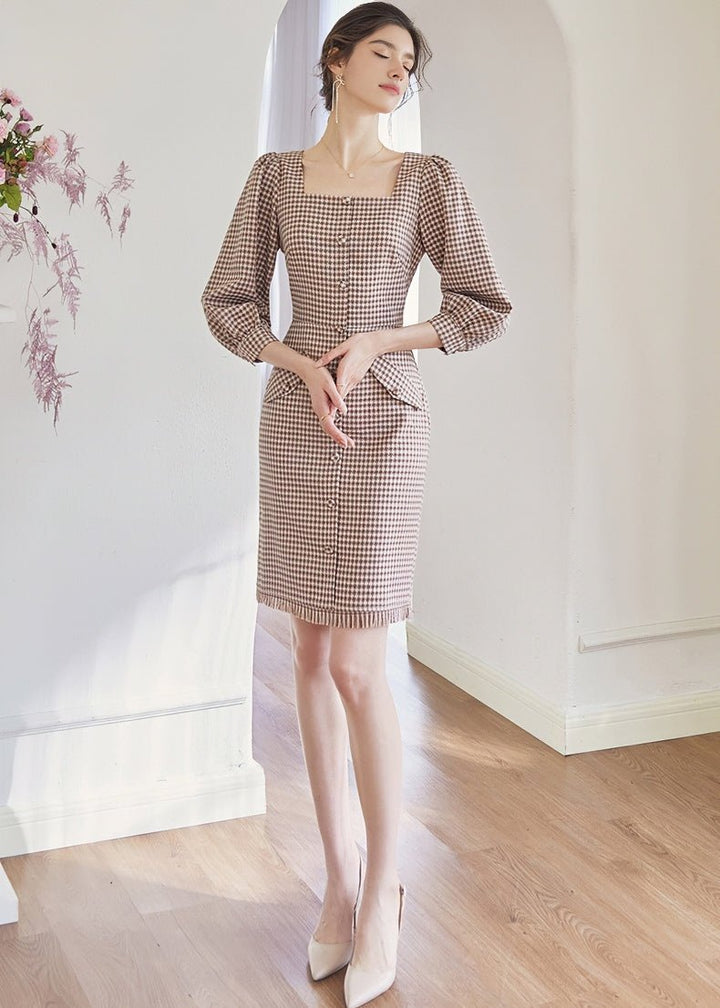 SQUARE PUFF SLEEVE LATTICE DRESS - ANLEM