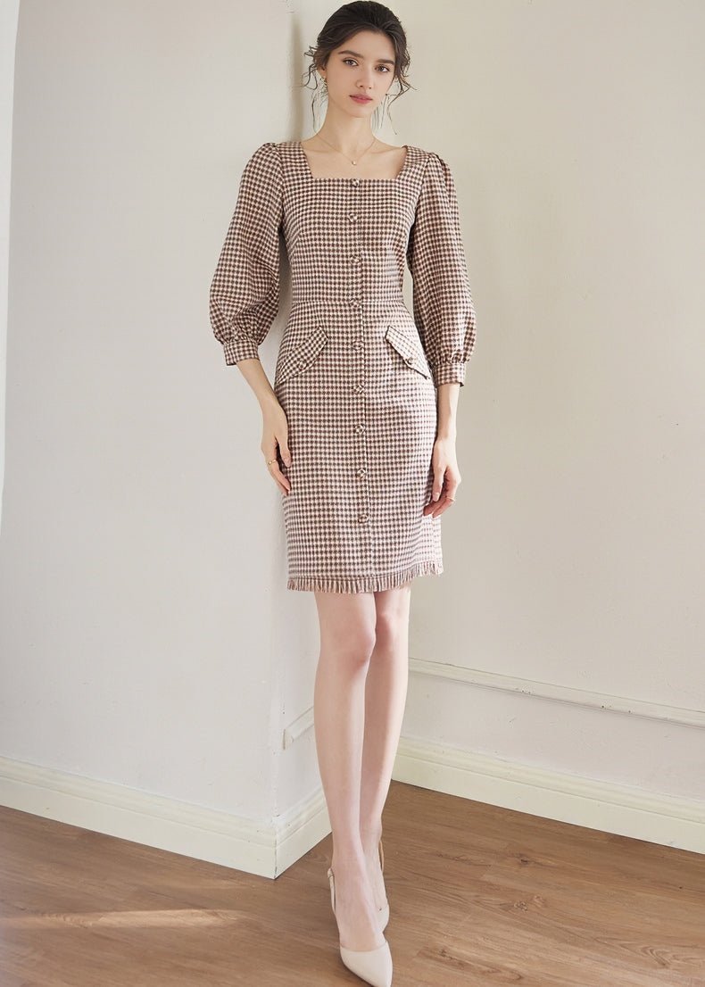 SQUARE PUFF SLEEVE LATTICE DRESS - ANLEM