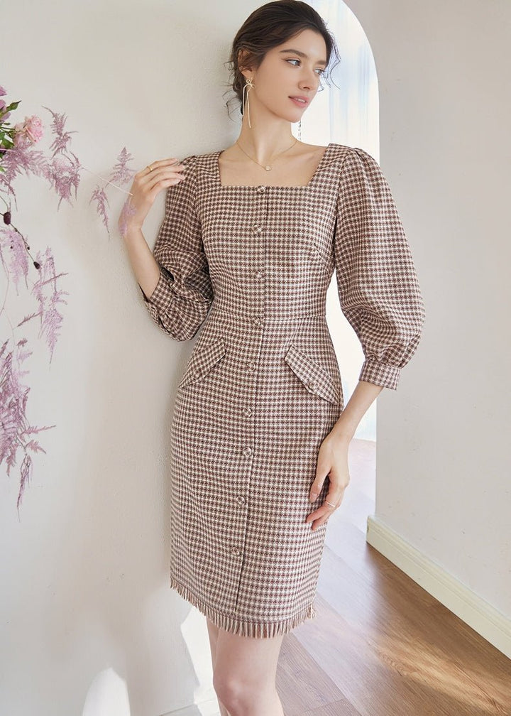 SQUARE PUFF SLEEVE LATTICE DRESS - ANLEM