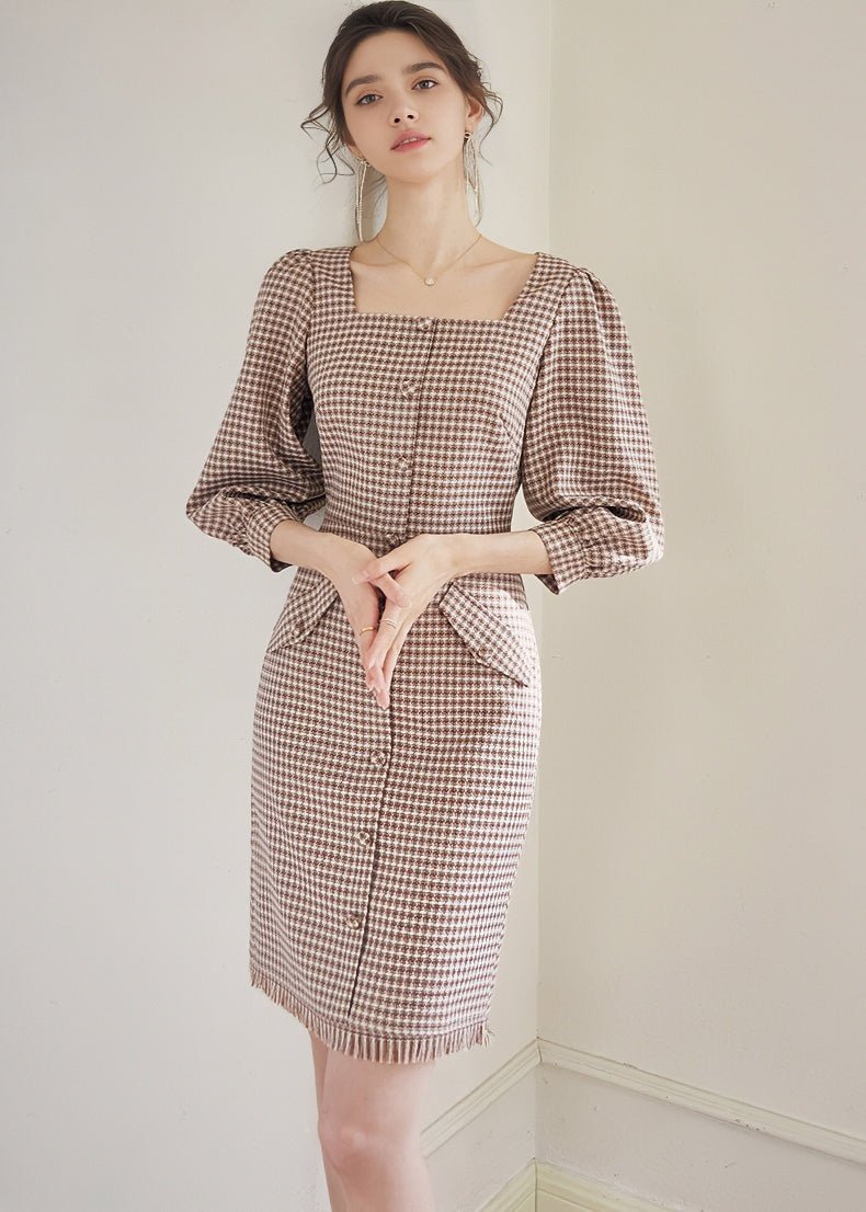 SQUARE PUFF SLEEVE LATTICE DRESS - ANLEM