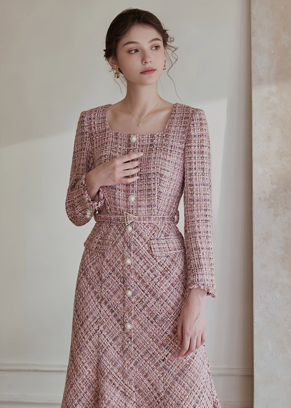 SQUARE TWEED FISHTAIL DRESS - ANLEM