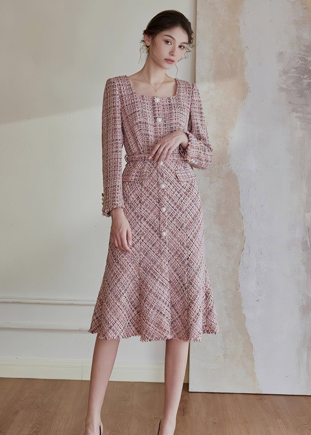 SQUARE TWEED FISHTAIL DRESS - ANLEM