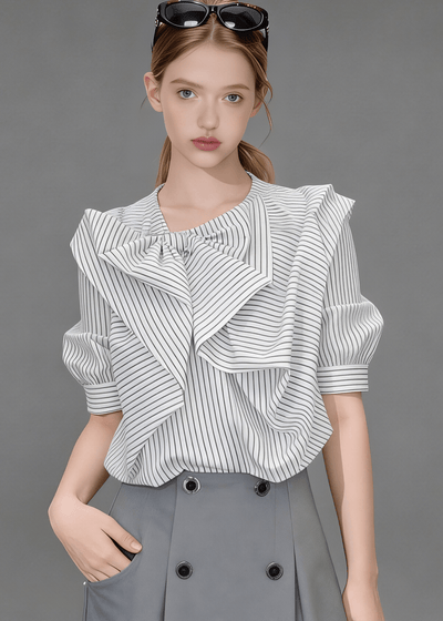 STRIPED ASYMMETRIC RUFFLE BLOUSE - ANLEM