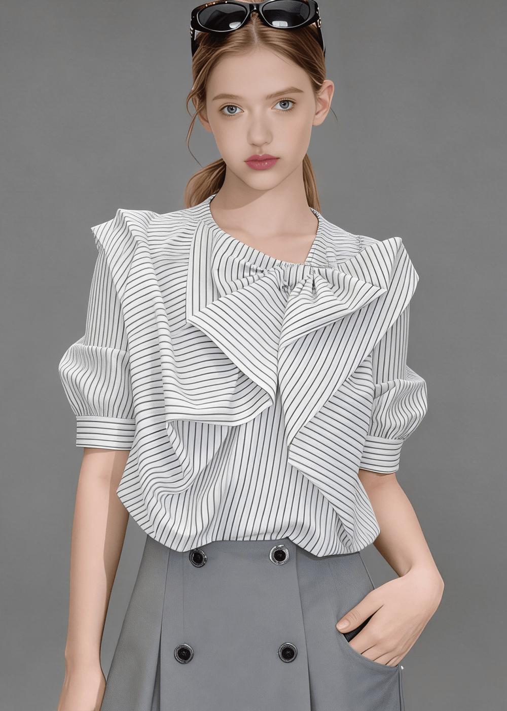 STRIPED ASYMMETRIC RUFFLE BLOUSE - ANLEM