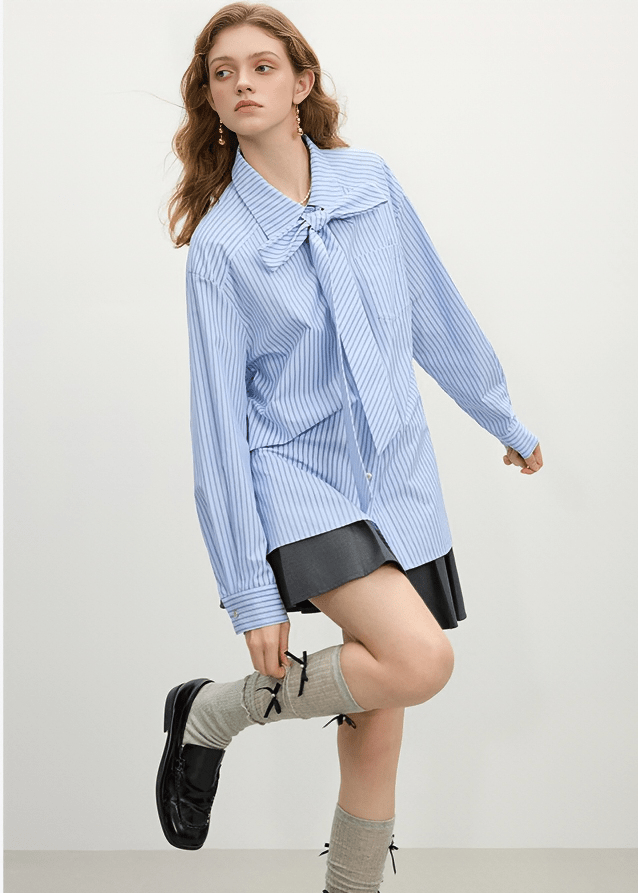 STRIPED BOW TIE BLOUSE - ANLEM