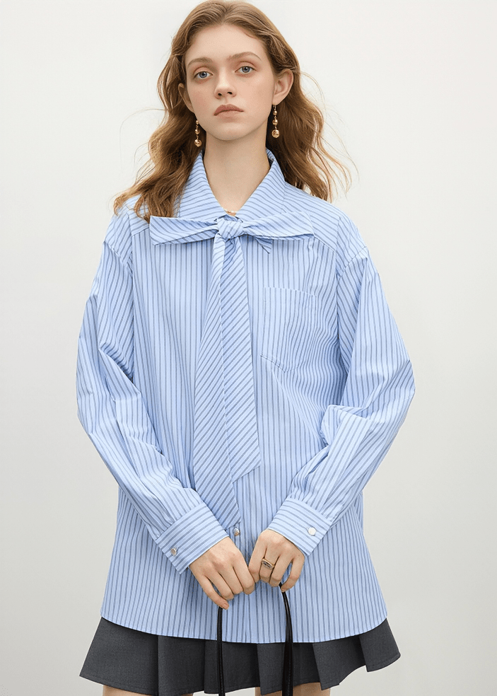 STRIPED BOW TIE BLOUSE - ANLEM