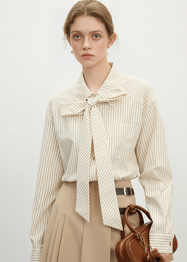 STRIPED BOW TIE BLOUSE - ANLEM