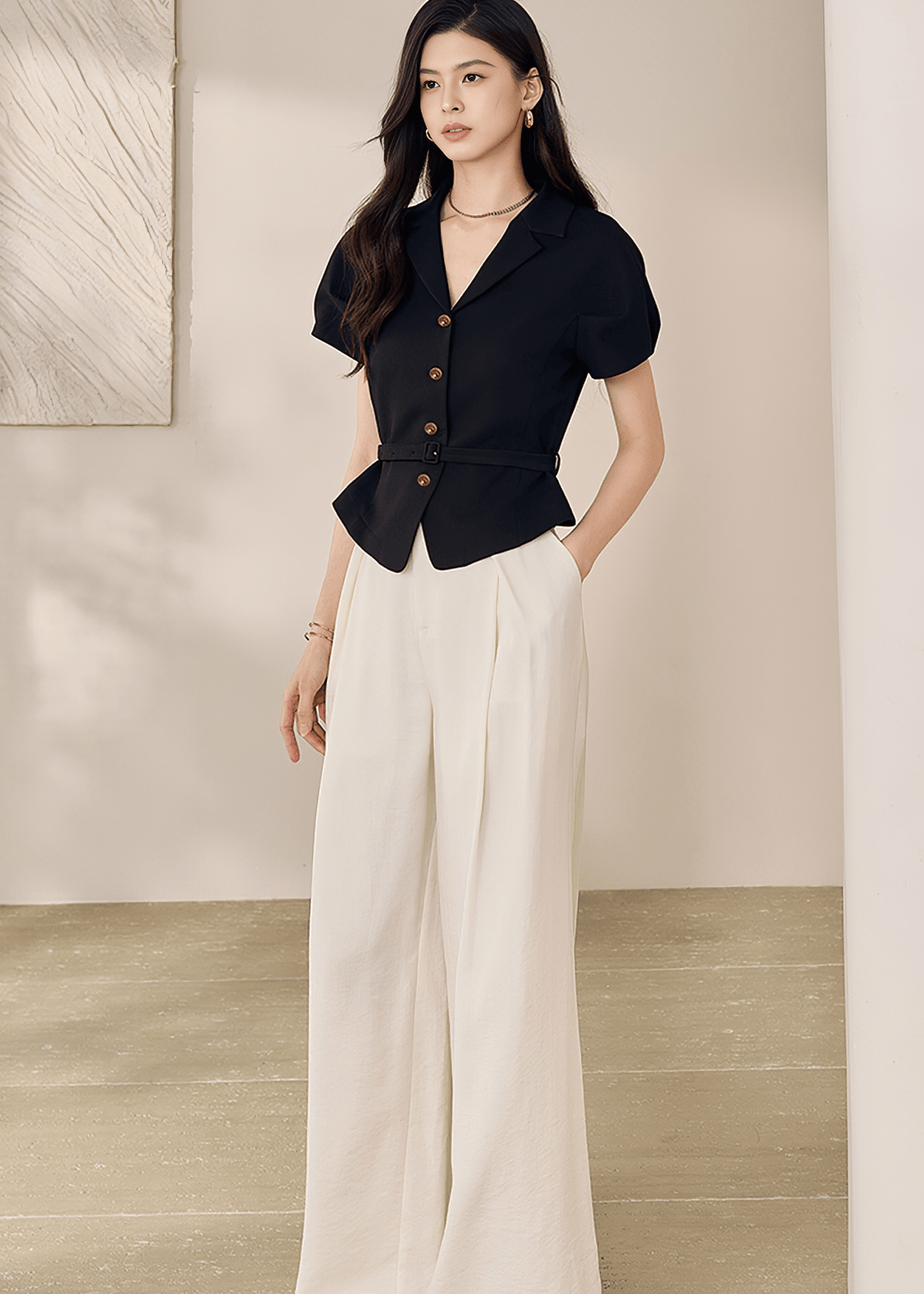 TAILORED BELTED SHORT - SLEEVE BLAZER - ANLEM