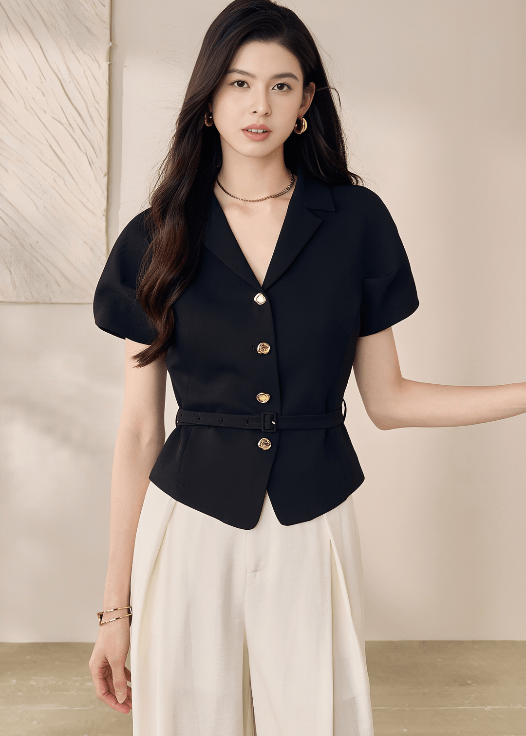 TAILORED BELTED SHORT - SLEEVE BLAZER - ANLEM