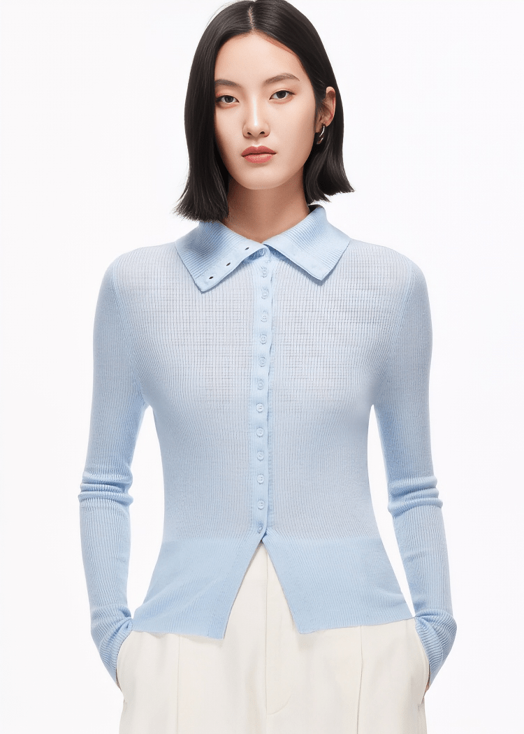 TAILORED COLLAR RIBBED CARDIGAN - ANLEM