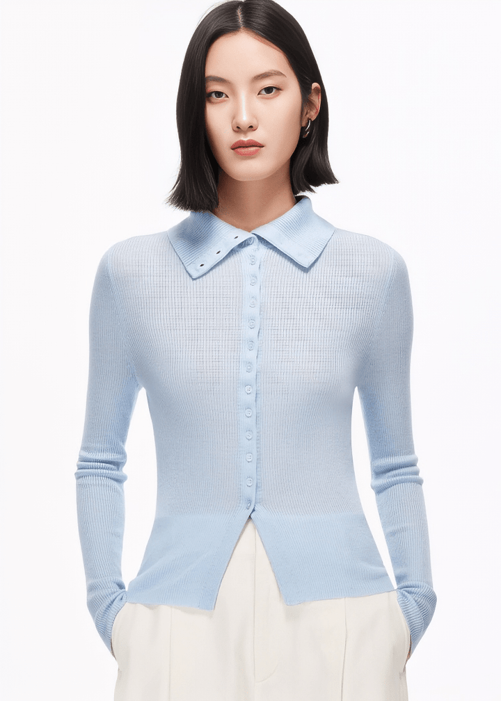 TAILORED COLLAR RIBBED CARDIGAN - ANLEM