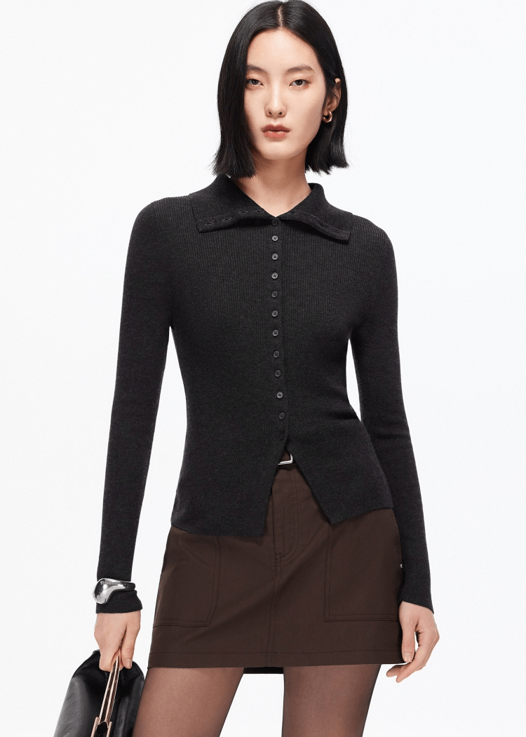 TAILORED COLLAR RIBBED CARDIGAN - ANLEM