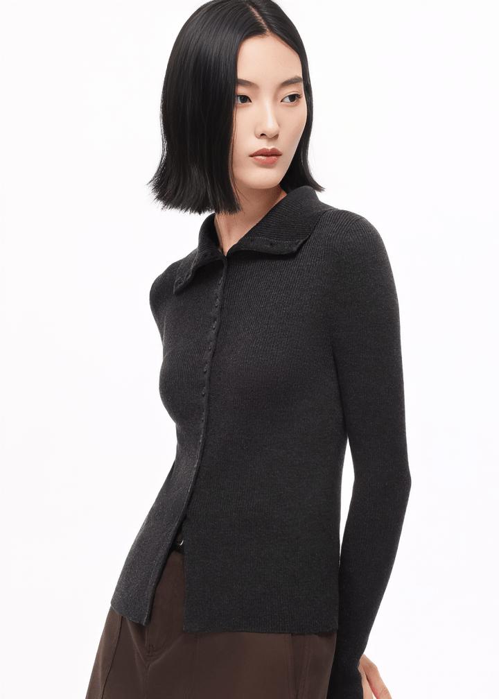 TAILORED COLLAR RIBBED CARDIGAN - ANLEM
