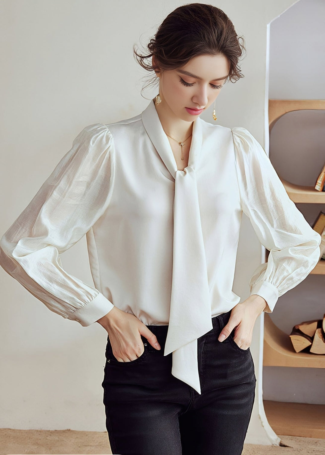 TIE COLLAR SATIN TOPS - ANLEM