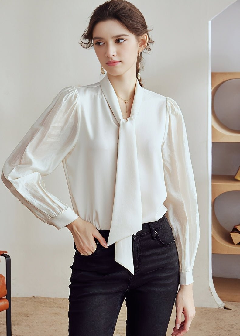 TIE COLLAR SATIN TOPS - ANLEM