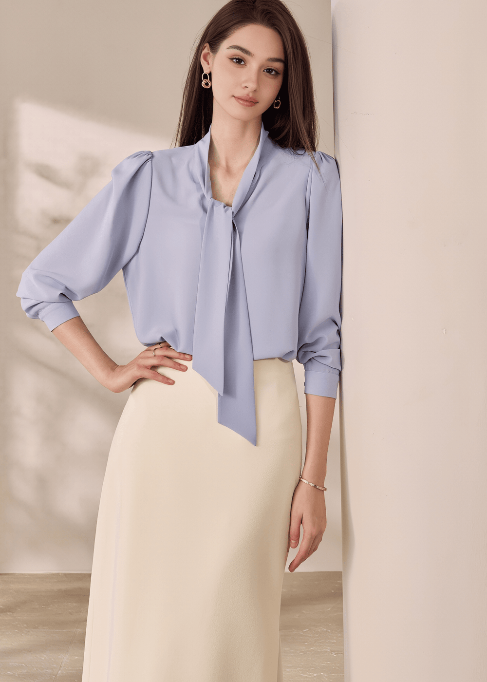 TIE NECK BALLOON SLEEVE BLOUSE - ANLEM