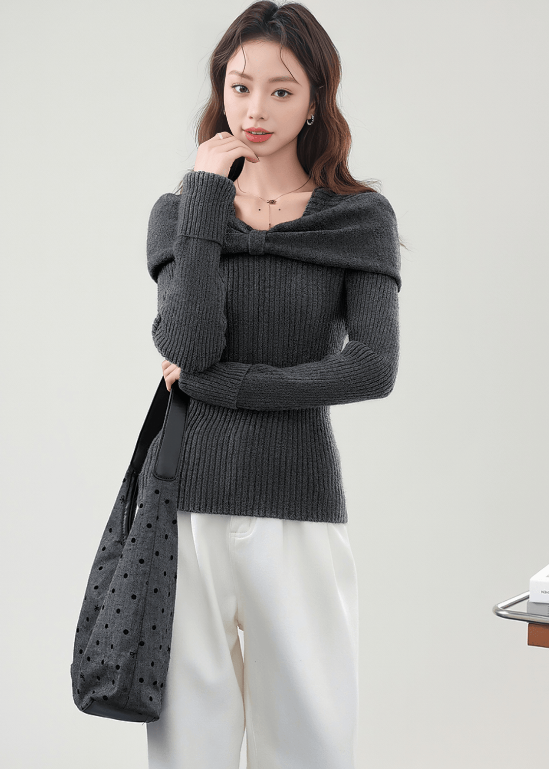 TWISTED DRAPE OFF - SHOULDER RIBBED TOP - ANLEM