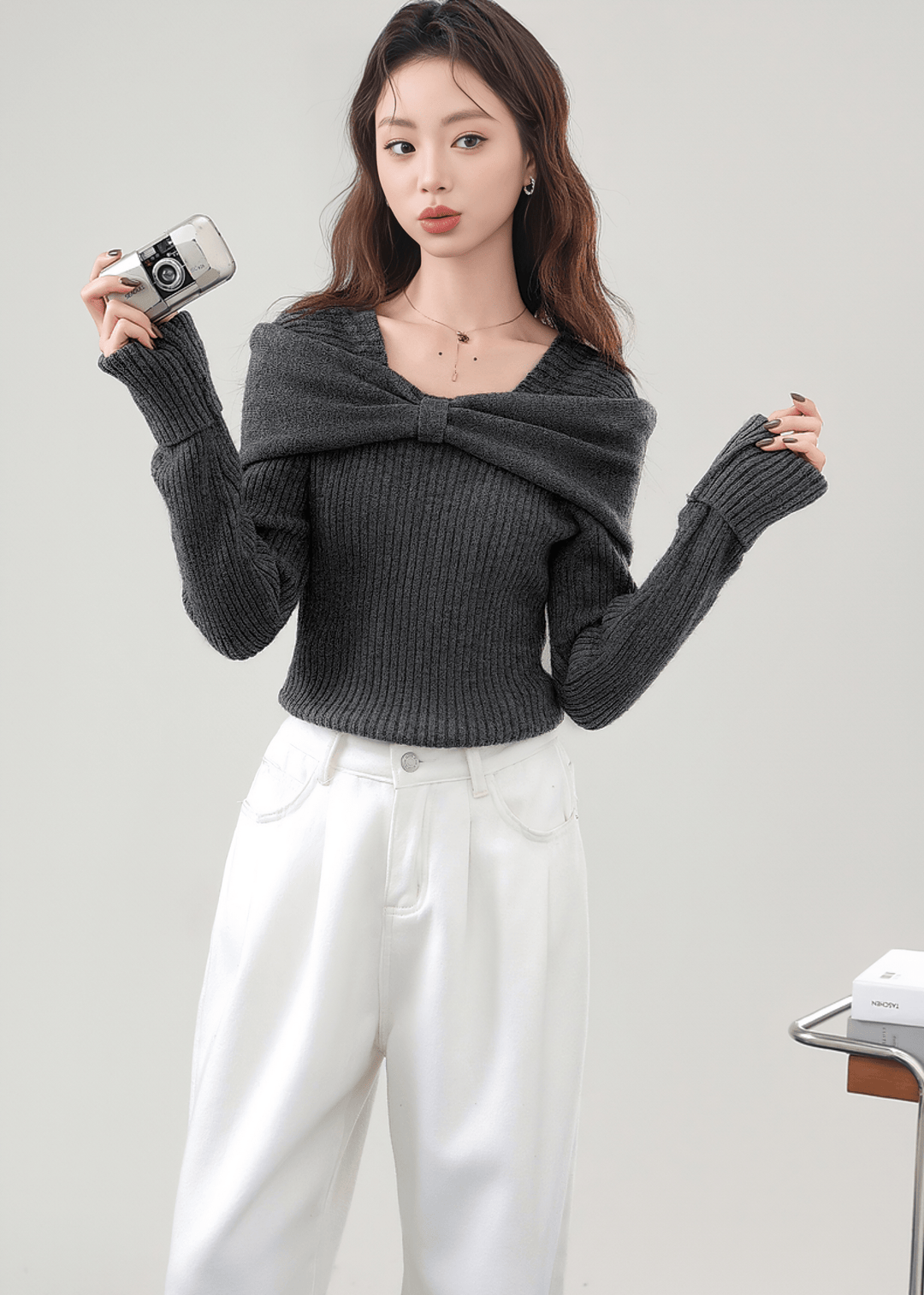 TWISTED DRAPE OFF - SHOULDER RIBBED TOP - ANLEM