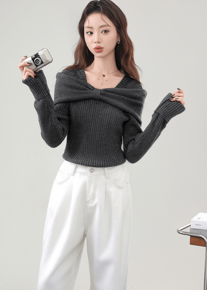 TWISTED DRAPE OFF - SHOULDER RIBBED TOP - ANLEM