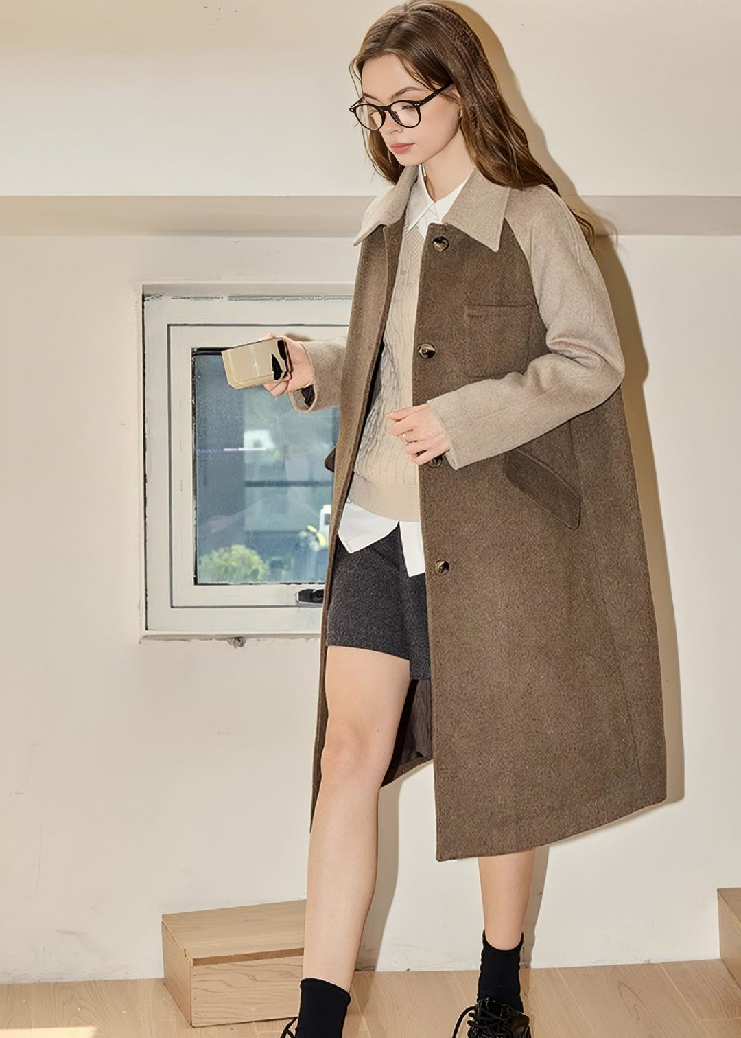 TWO - TONE MIDI WOOL COAT - ANLEM