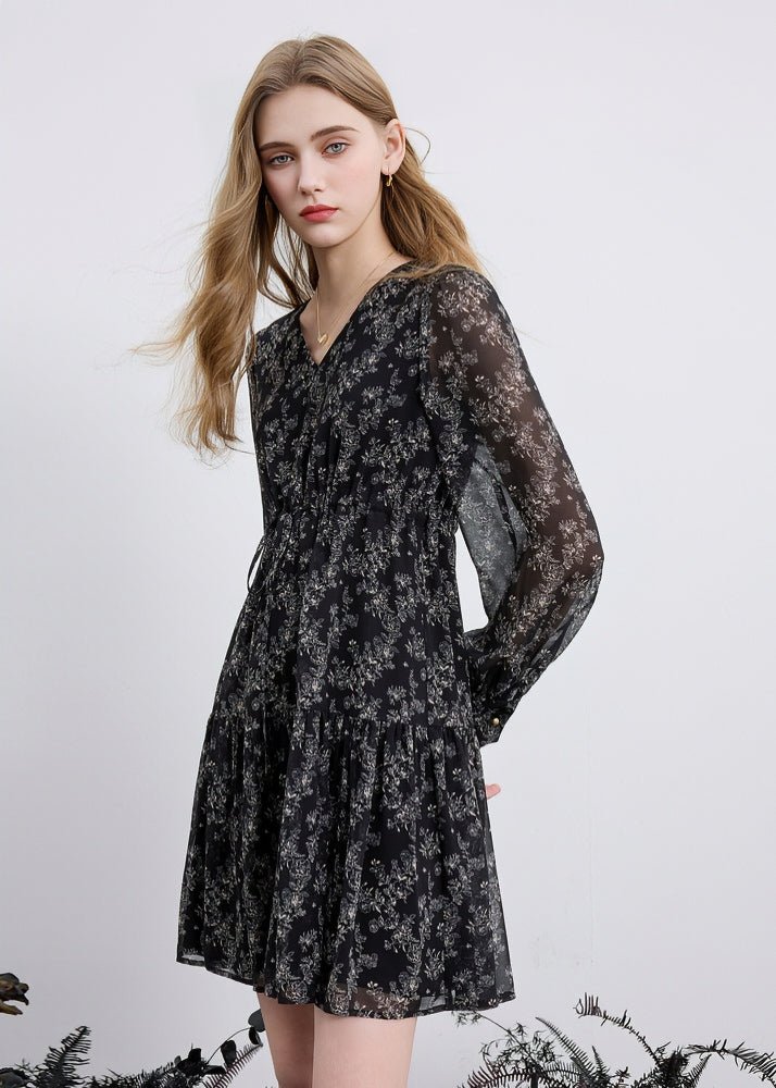 V - NECK CHIFFON LONG - SLEEVE DRESS - ANLEM