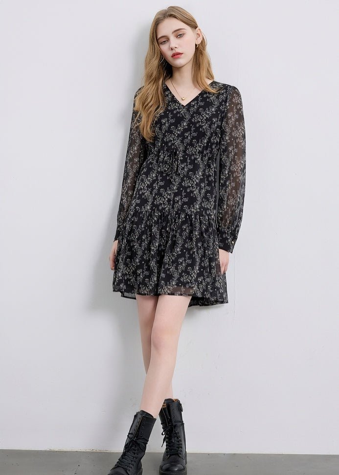 V - NECK CHIFFON LONG - SLEEVE DRESS - ANLEM