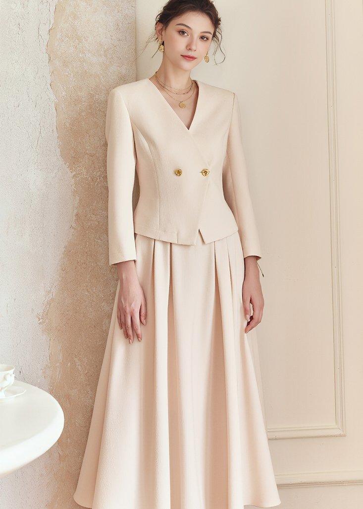 V - NECK COLLARLESS JACKET & SKIRT - ANLEM