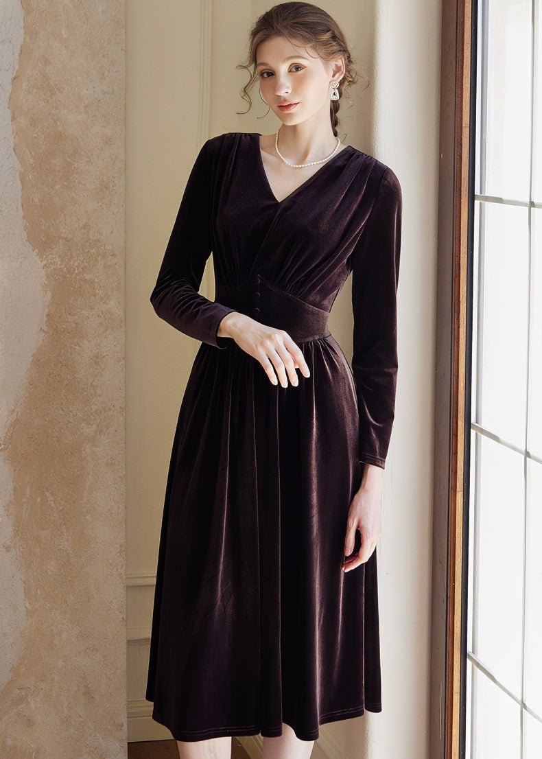 V - NECK WAIST SLIM VELVET DRESS - ANLEM