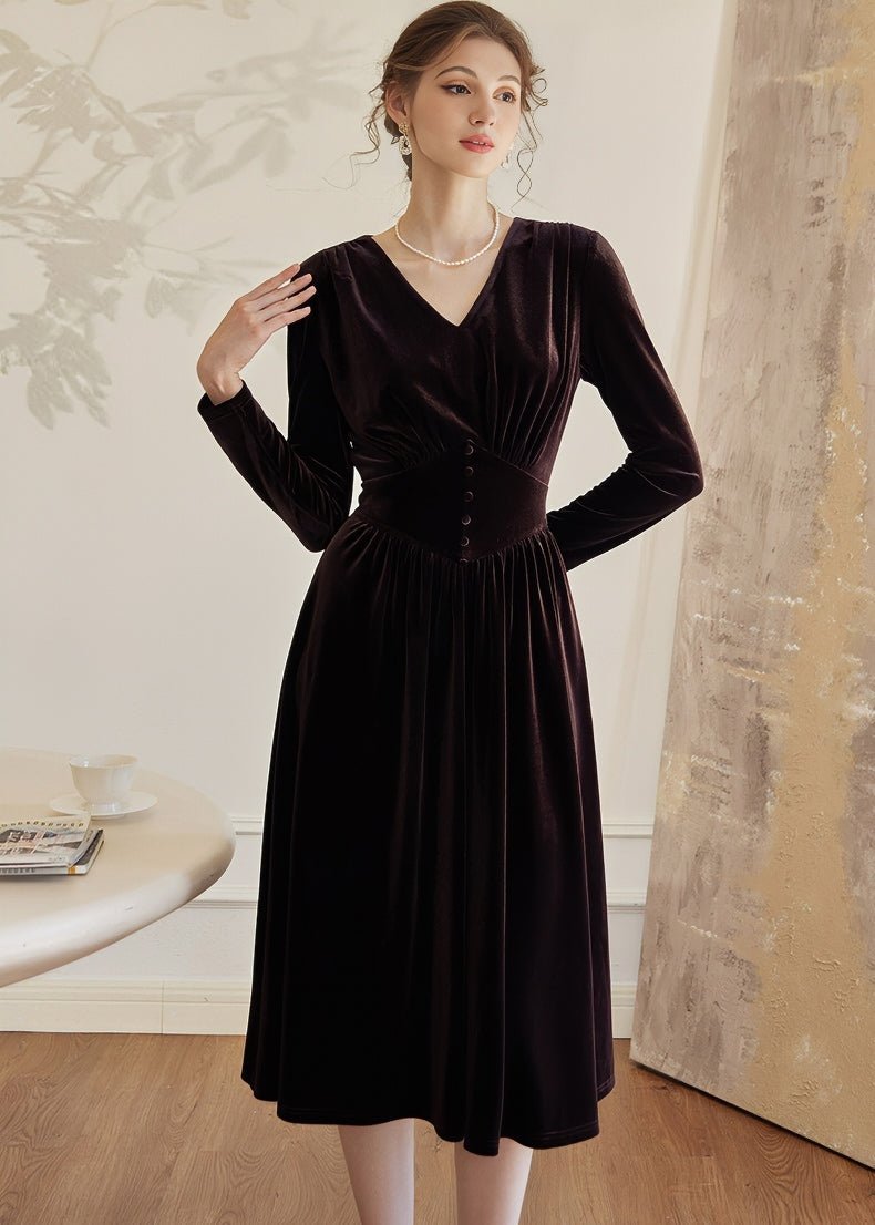 V - NECK WAIST SLIM VELVET DRESS - ANLEM