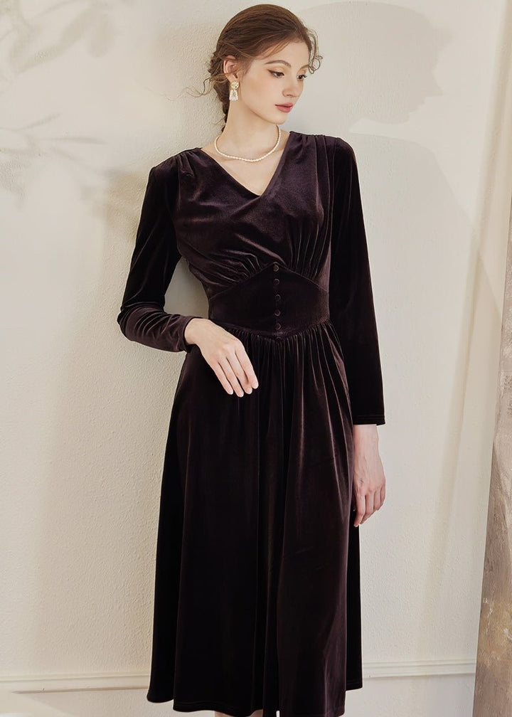 V - NECK WAIST SLIM VELVET DRESS - ANLEM