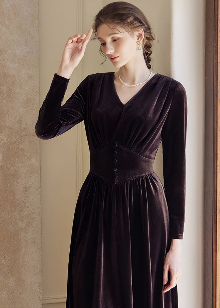 V - NECK WAIST SLIM VELVET DRESS - ANLEM