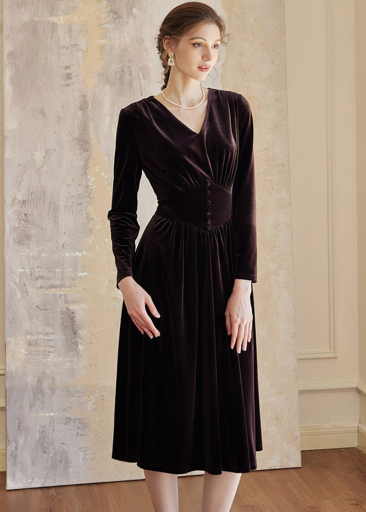 V - NECK WAIST SLIM VELVET DRESS - ANLEM