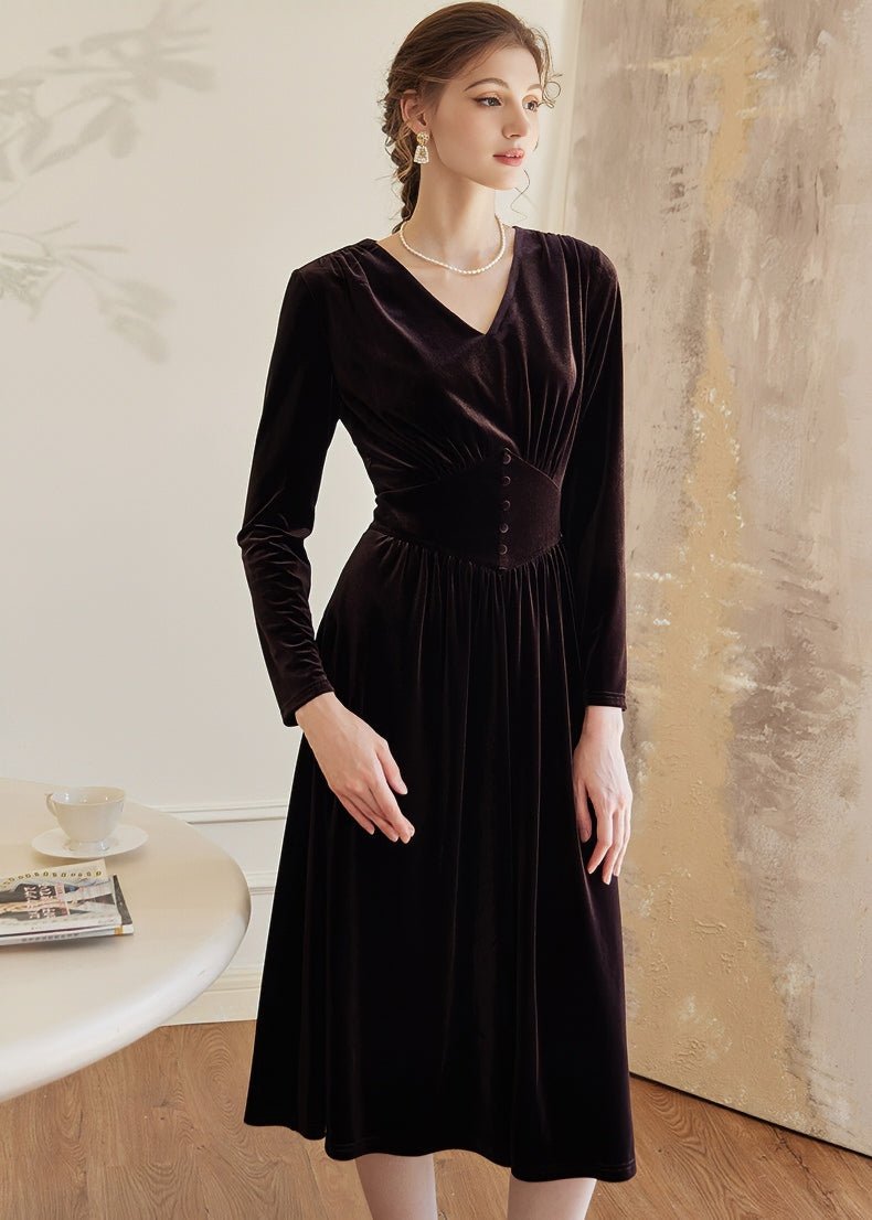 V - NECK WAIST SLIM VELVET DRESS - ANLEM