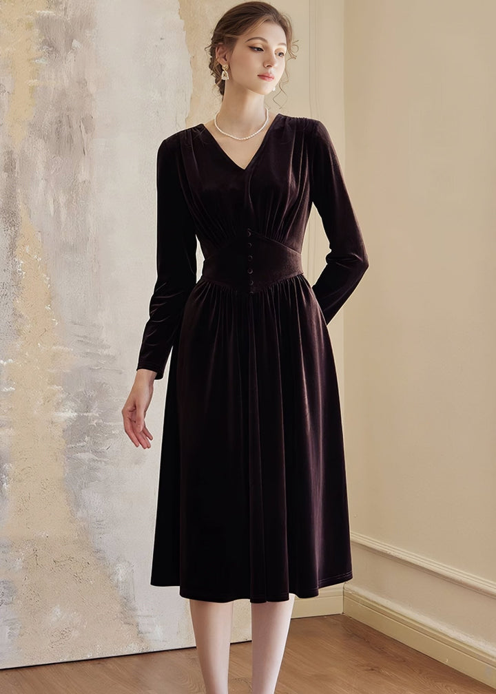 V - NECK WAIST SLIM VELVET DRESS - ANLEM