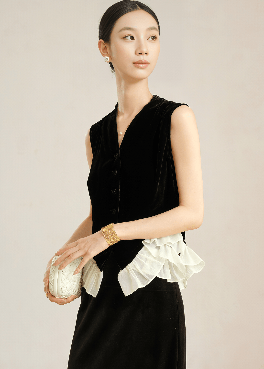 VELVET RUFFLE HEM VEST JACKET - ANLEM