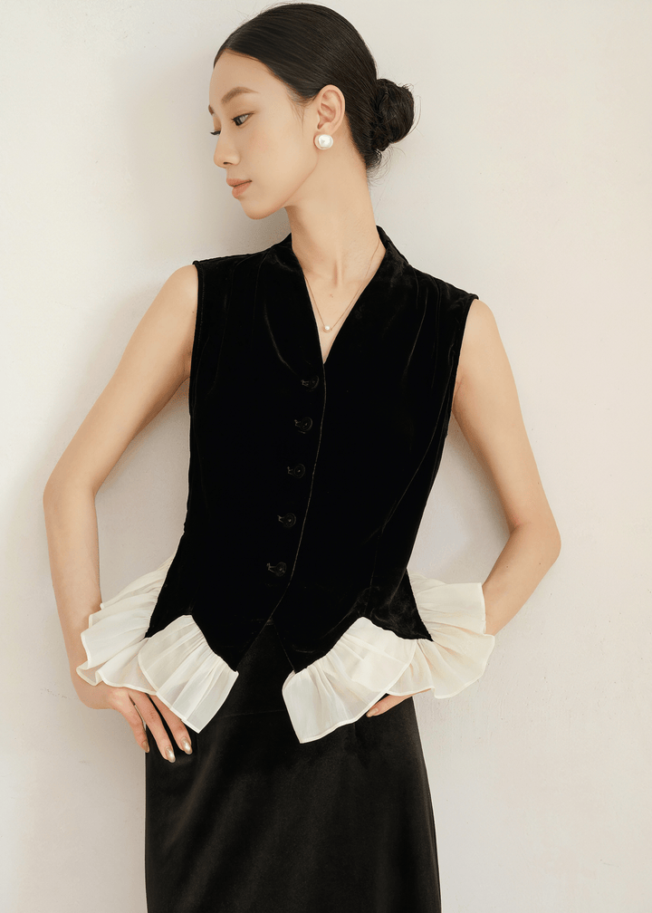 VELVET RUFFLE HEM VEST JACKET - ANLEM