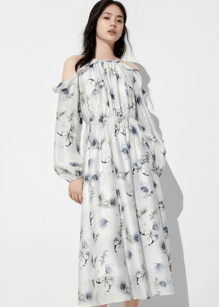 WATERCOLOR FLORAL COLD SHOULDER DRESS - ANLEM