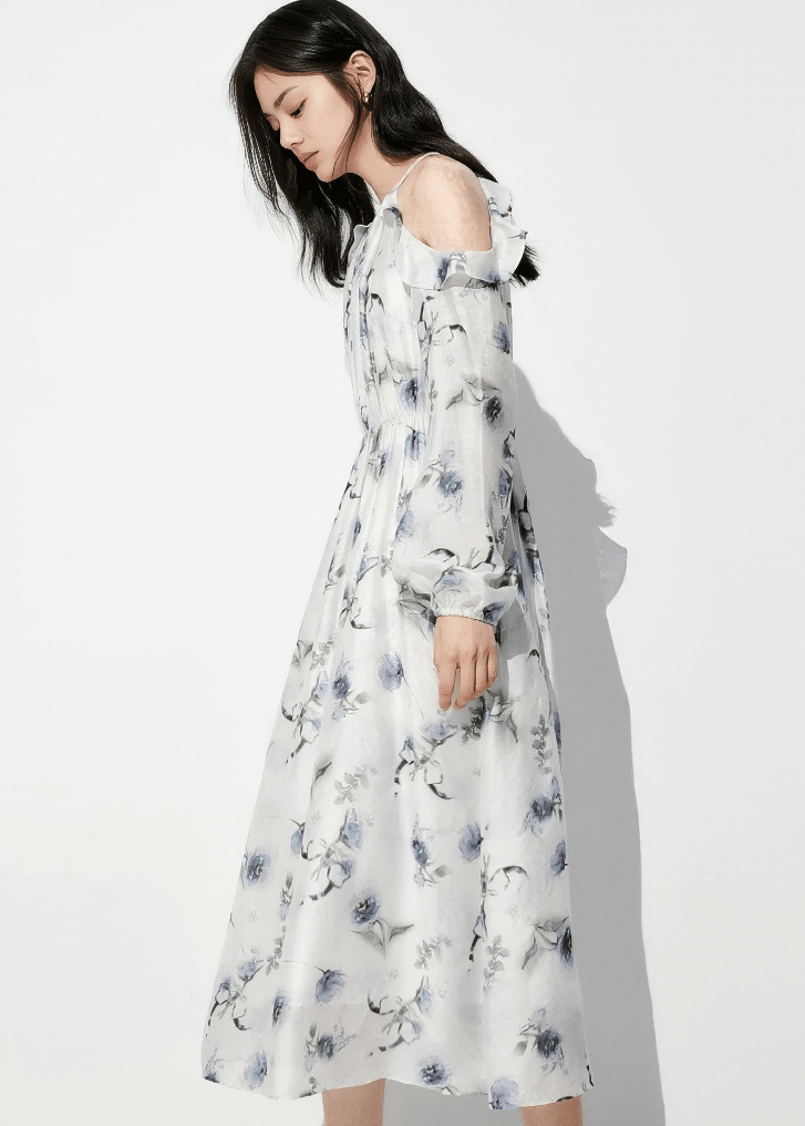 WATERCOLOR FLORAL COLD SHOULDER DRESS - ANLEM