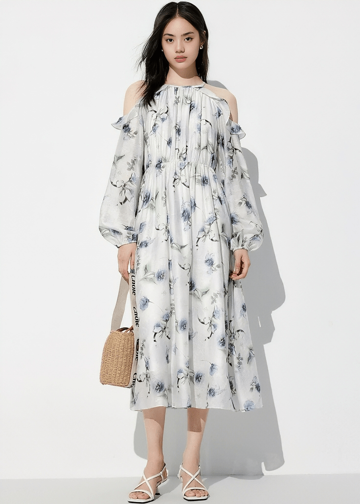 WATERCOLOR FLORAL COLD SHOULDER DRESS - ANLEM