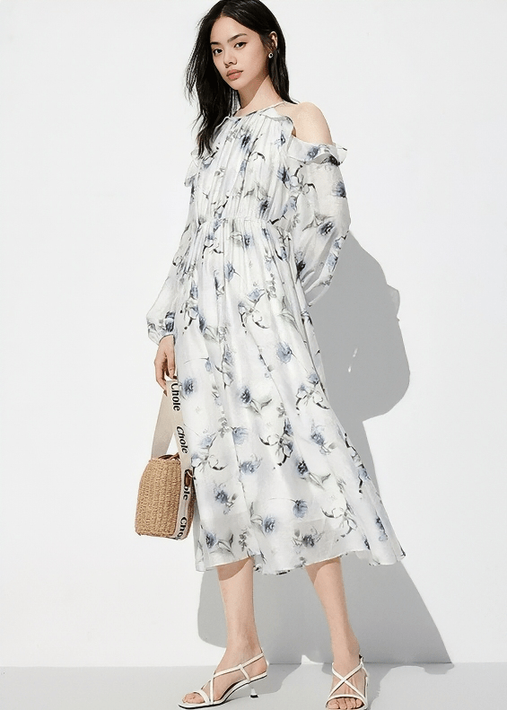 WATERCOLOR FLORAL COLD SHOULDER DRESS - ANLEM